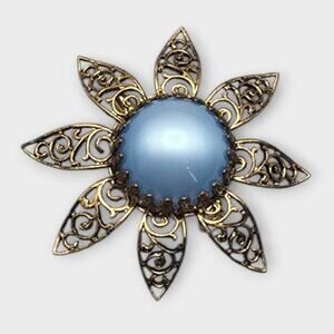 Blue Moonglow Cabochon Sunburst Flower Pin Brooch Gold Filigree Vintage